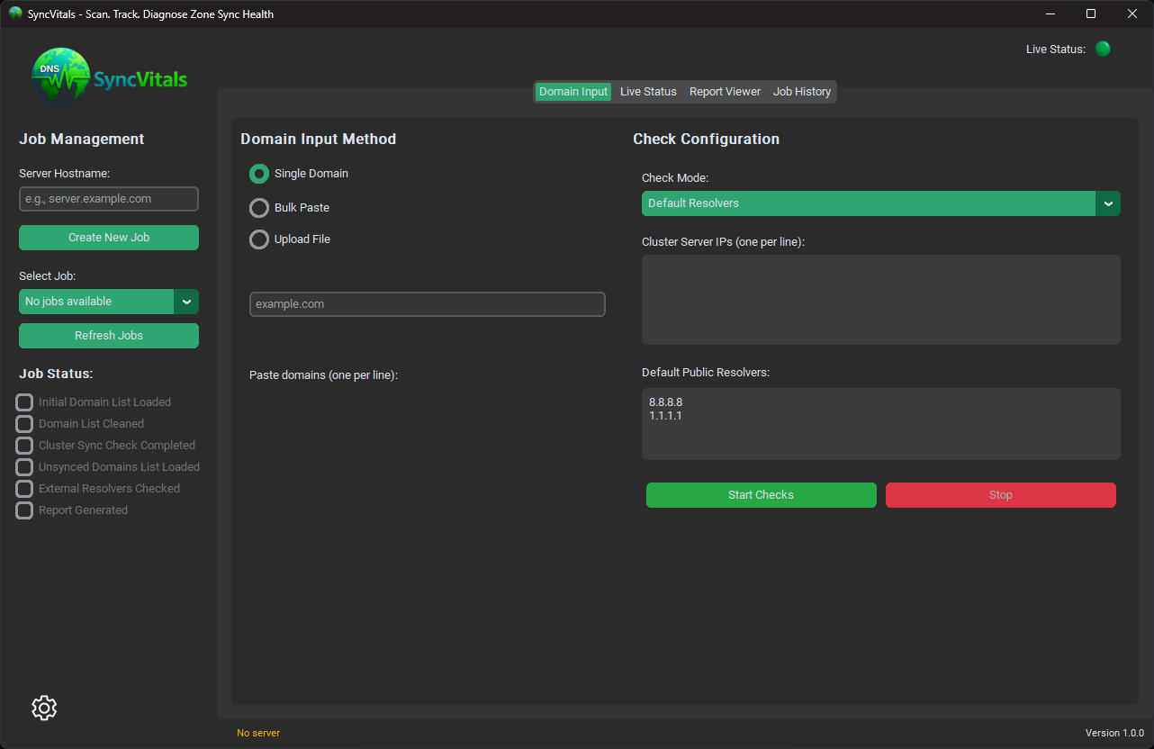 SyncVitals showing job management, domain input methods and check configuration, with sync job status checkpoints down the left