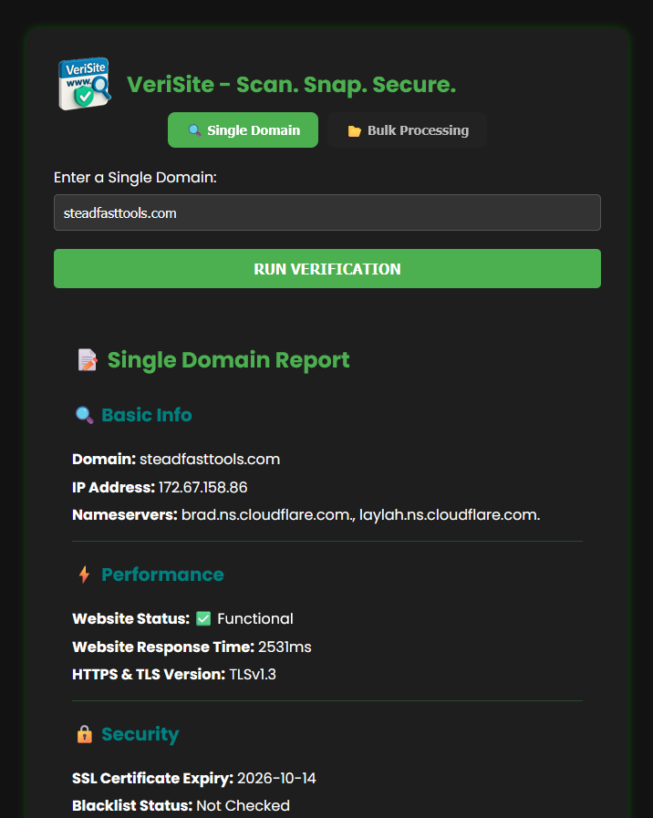 VeriSite single-domain report for steadfasttools.com, upper half: Basic Info showing the domain, IP address 172.67.158.86 and two Cloudflare nameservers; Performance showing Functional status, a 2531ms response time and TLSv1.3; and the start of Security showing an SSL certificate expiry of 2026-10-14 and a blacklist status of Not Checked.